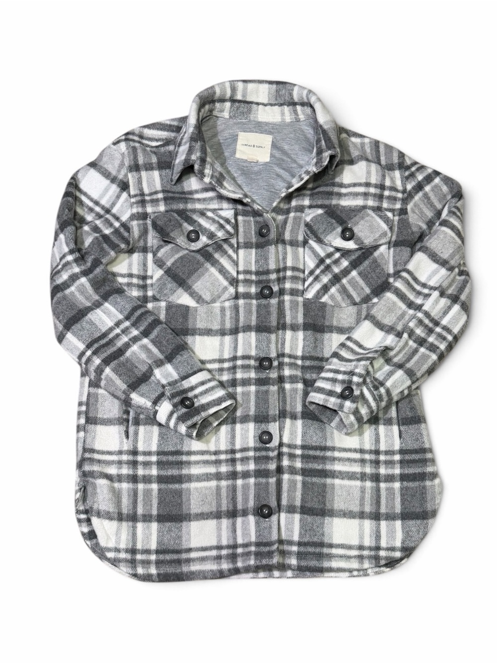 Thread & Supply Plaid Fleece Lined Cabincore Shacket Jacket Grey White S